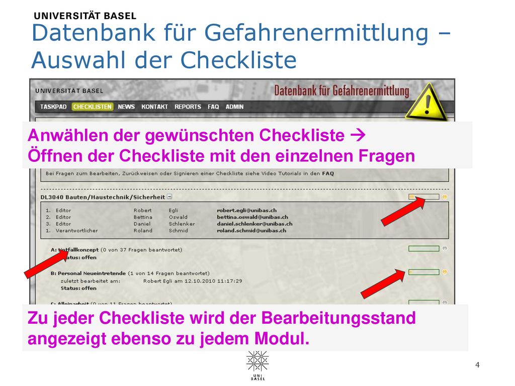 Datenbank für Gefahrenermittlung – Auswahl der Checkliste