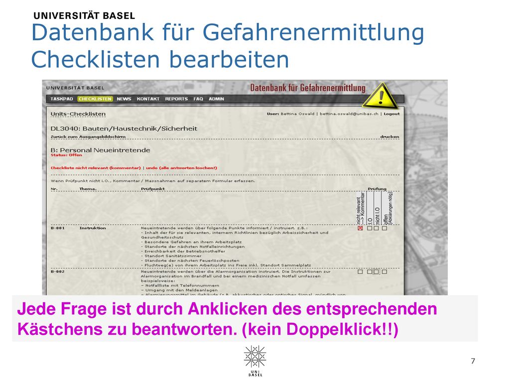 Datenbank für Gefahrenermittlung Checklisten bearbeiten