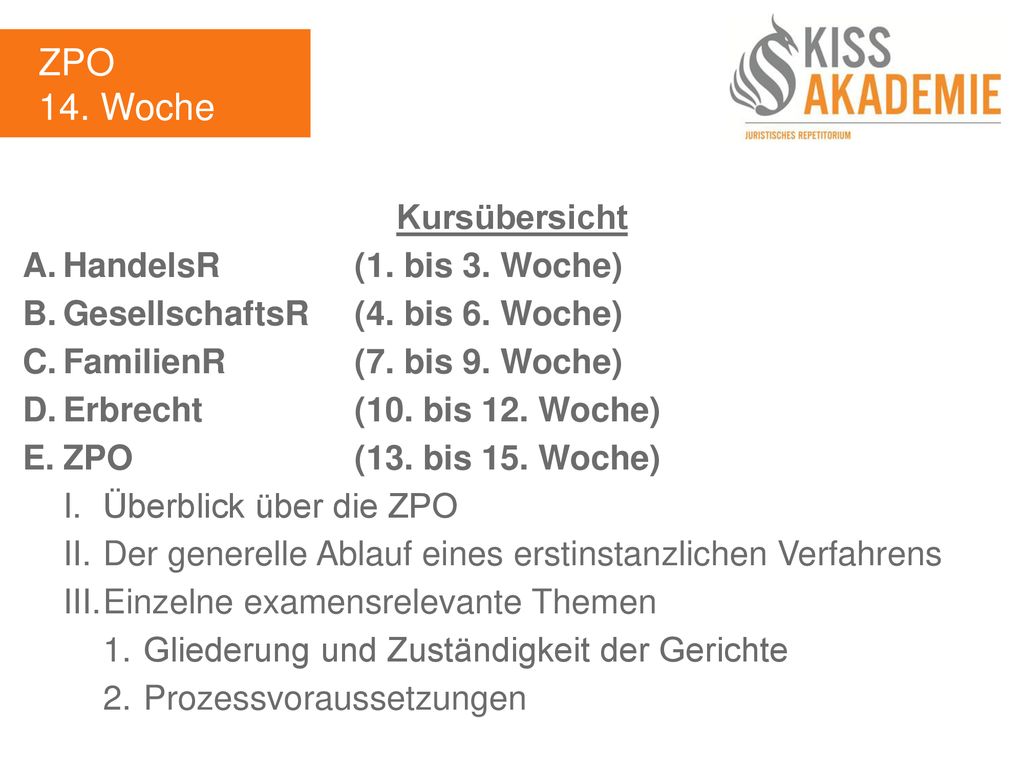 ZPO 14. Woche Kursübersicht A. HandelsR (1. bis 3. Woche)
