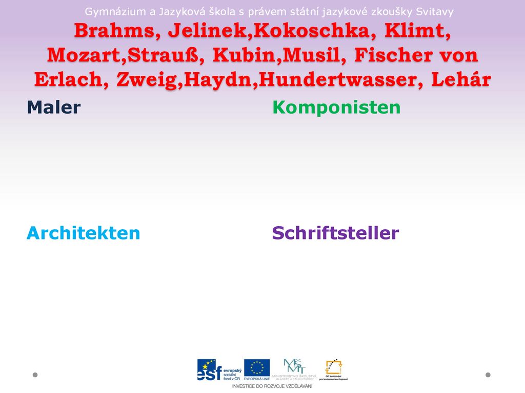 Brahms, Jelinek,Kokoschka, Klimt, Mozart,Strauß, Kubin,Musil, Fischer von Erlach, Zweig,Haydn,Hundertwasser, Lehár