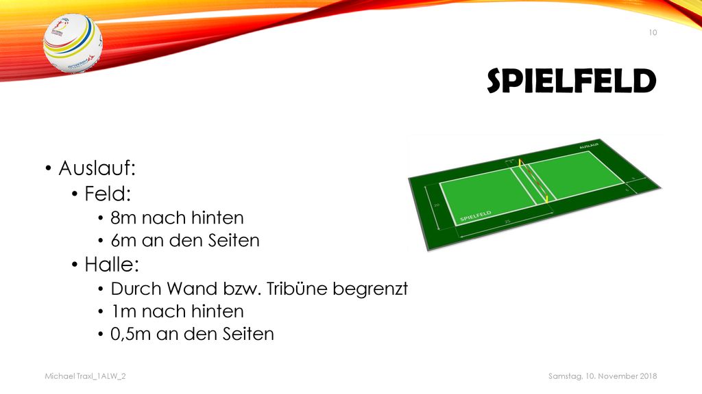 Spielfeld Auslauf: Feld: Halle: 8m nach hinten 6m an den Seiten