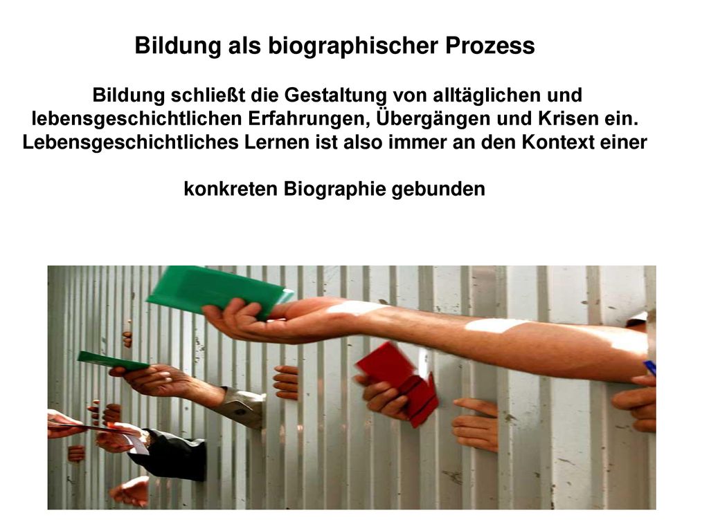 Bildung als biographischer Prozess Bildung schließt die Gestaltung von alltäglichen und lebensgeschichtlichen Erfahrungen, Übergängen und Krisen ein.