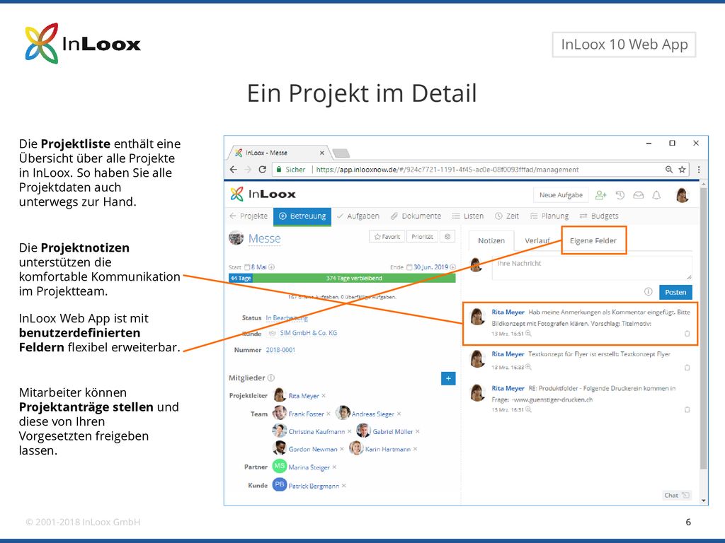 Ein Projekt im Detail Die Projektliste enthält eine Übersicht über alle Projekte in InLoox. So haben Sie alle Projektdaten auch unterwegs zur Hand.