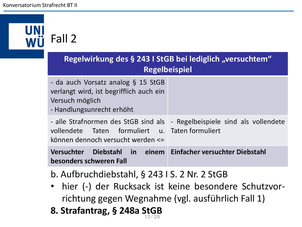 Regelwirkung des § 243 I StGB bei lediglich „versuchtem Regelbeispiel