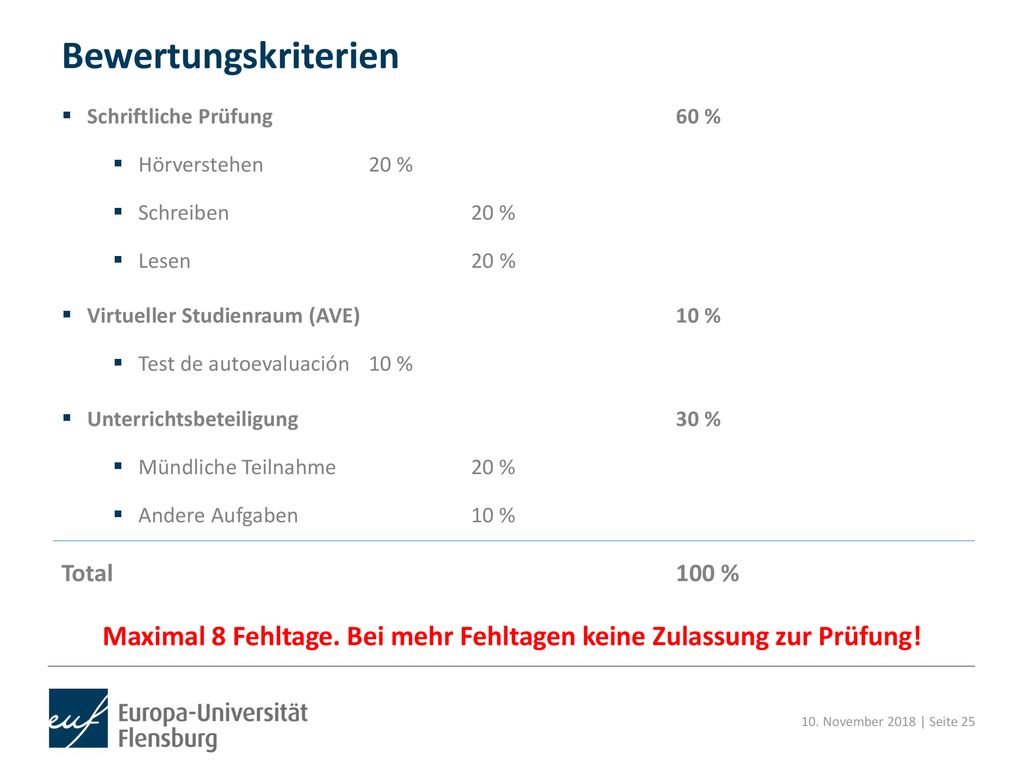Maximal 8 Fehltage. Bei mehr Fehltagen keine Zulassung zur Prüfung!