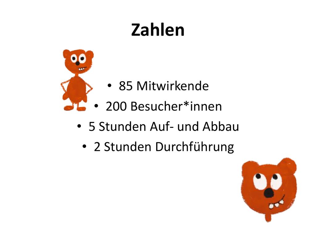 Zahlen 85 Mitwirkende 200 Besucher*innen 5 Stunden Auf- und Abbau