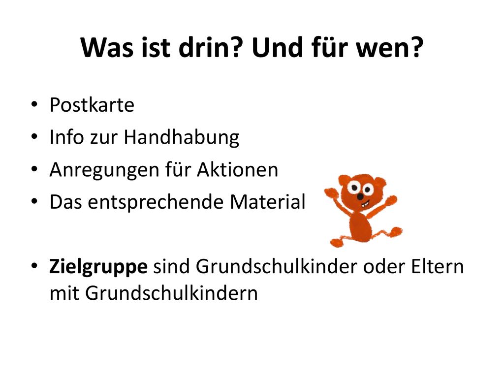 Was ist drin Und für wen Postkarte Info zur Handhabung