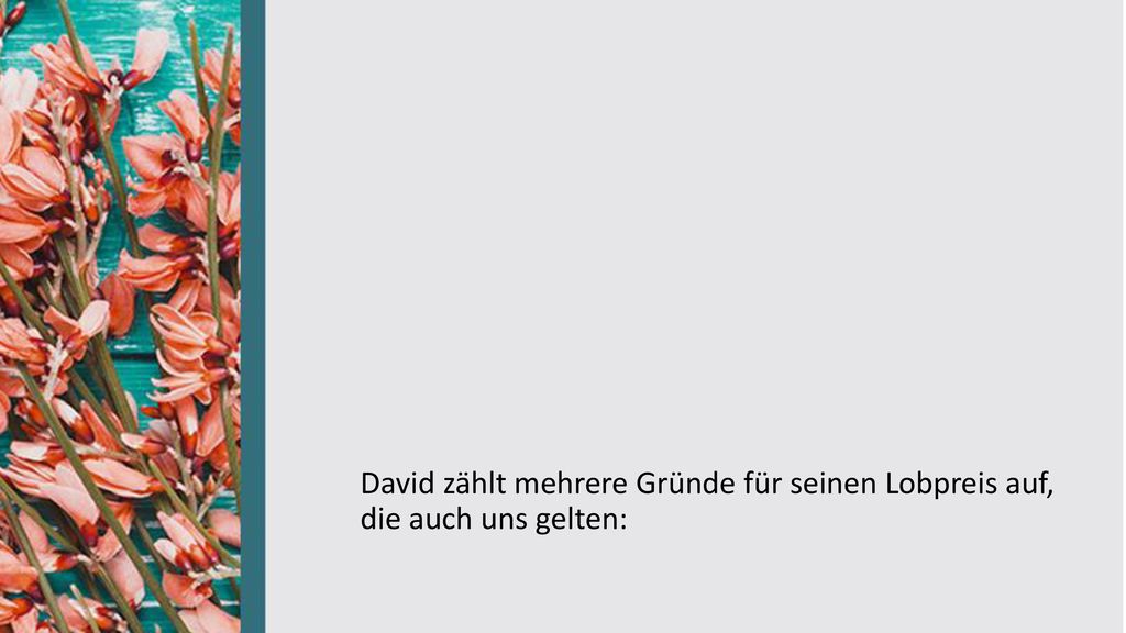 David zählt mehrere Gründe für seinen Lobpreis auf, die auch uns gelten: