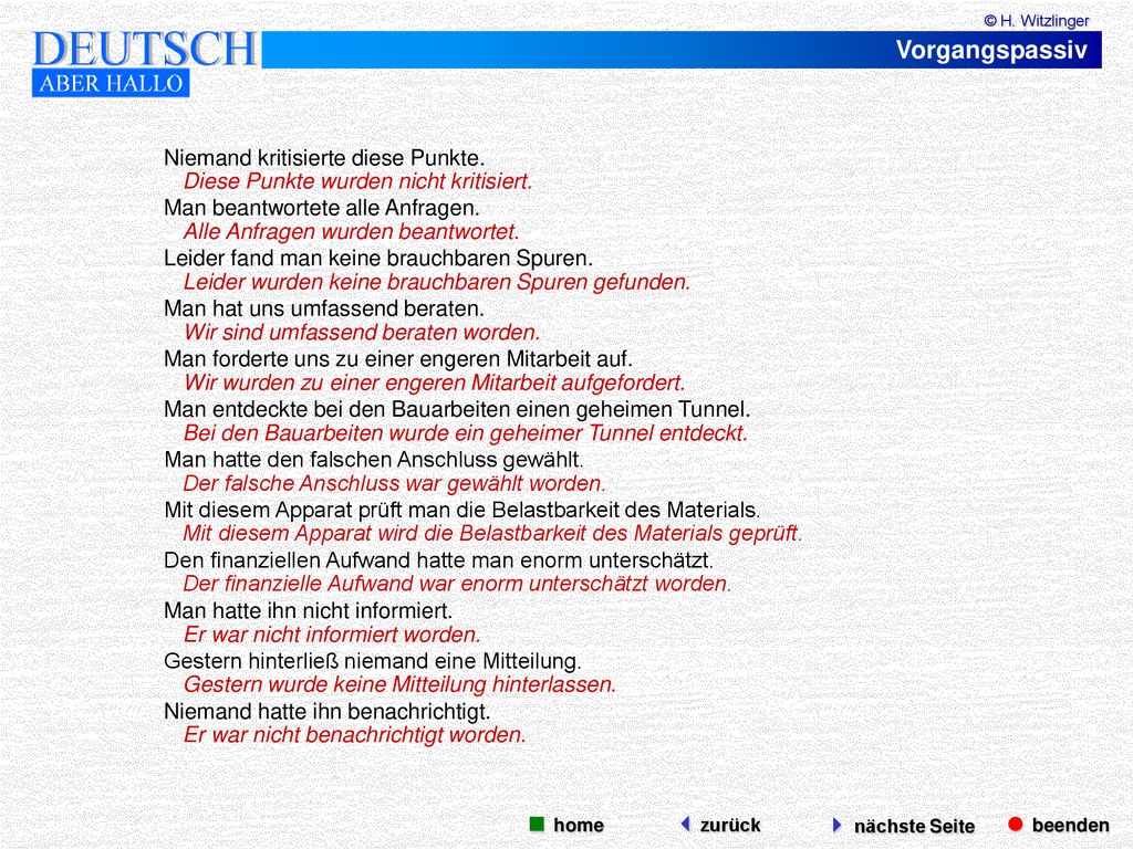 Vorgangspassiv  beenden  nächste Seite  home zurück