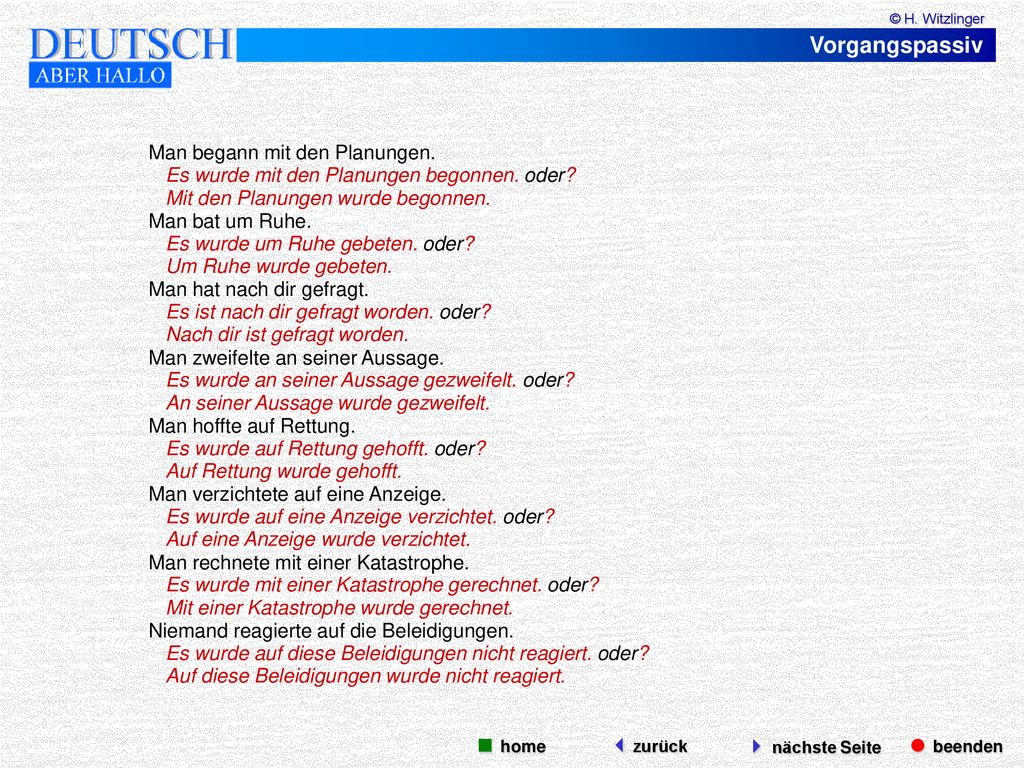 Vorgangspassiv  beenden  nächste Seite  home zurück