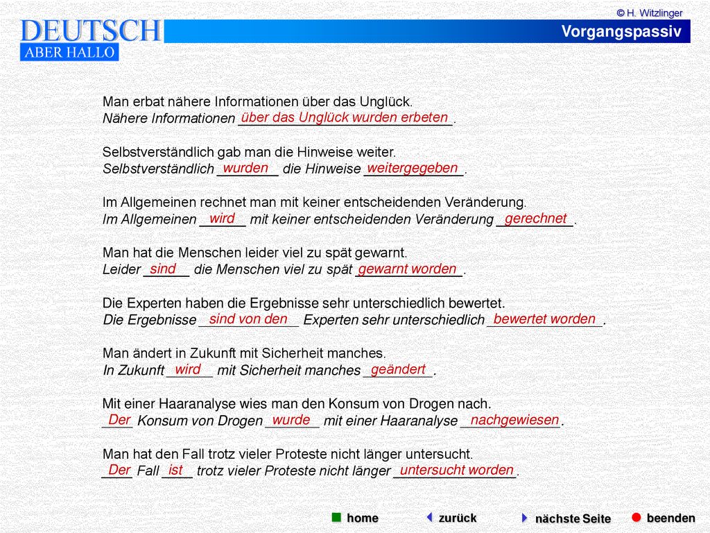 Vorgangspassiv  beenden  nächste Seite  home zurück