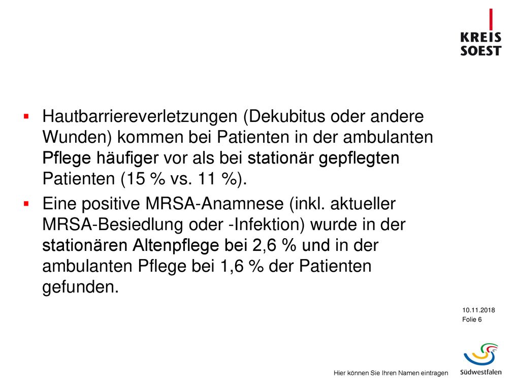Hautbarriereverletzungen (Dekubitus oder andere Wunden) kommen bei Patienten in der ambulanten Pflege häufiger vor als bei stationär gepflegten Patienten (15 % vs. 11 %).