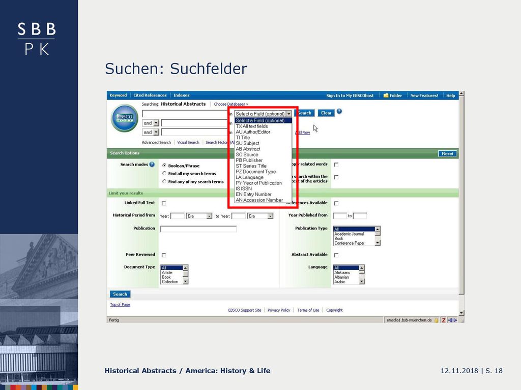 Suchen: Suchfelder Historical Abstracts / America: History & Life