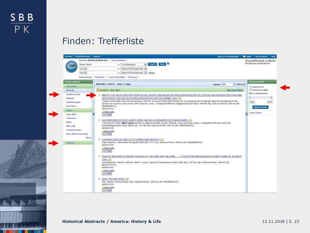 Finden: Trefferliste Historical Abstracts / America: History & Life