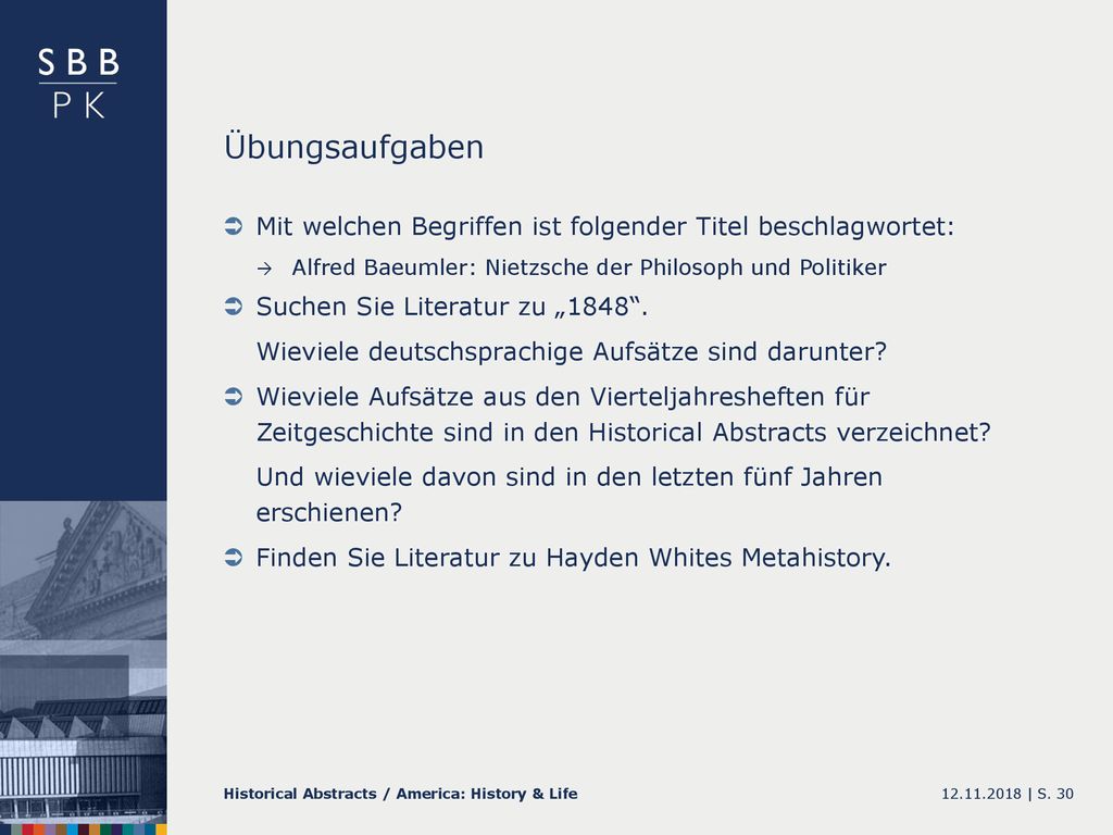 Übungsaufgaben Mit welchen Begriffen ist folgender Titel beschlagwortet: Alfred Baeumler: Nietzsche der Philosoph und Politiker.