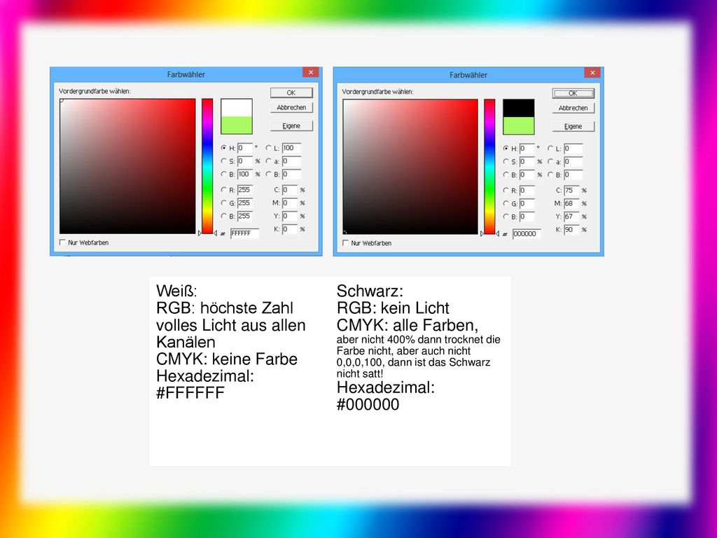 Weiß: RGB: höchste Zahl volles Licht aus allen Kanälen. CMYK: keine Farbe. Hexadezimal: #FFFFFF.