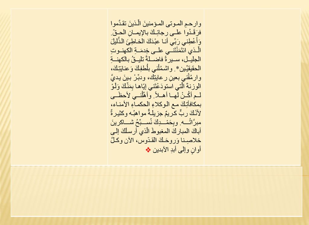 وارحمِ الموتى المؤمنينَ الّذينَ تقدَّموا فرَقَدُوا على رجائِكَ بالإيمانِ الحقّ.