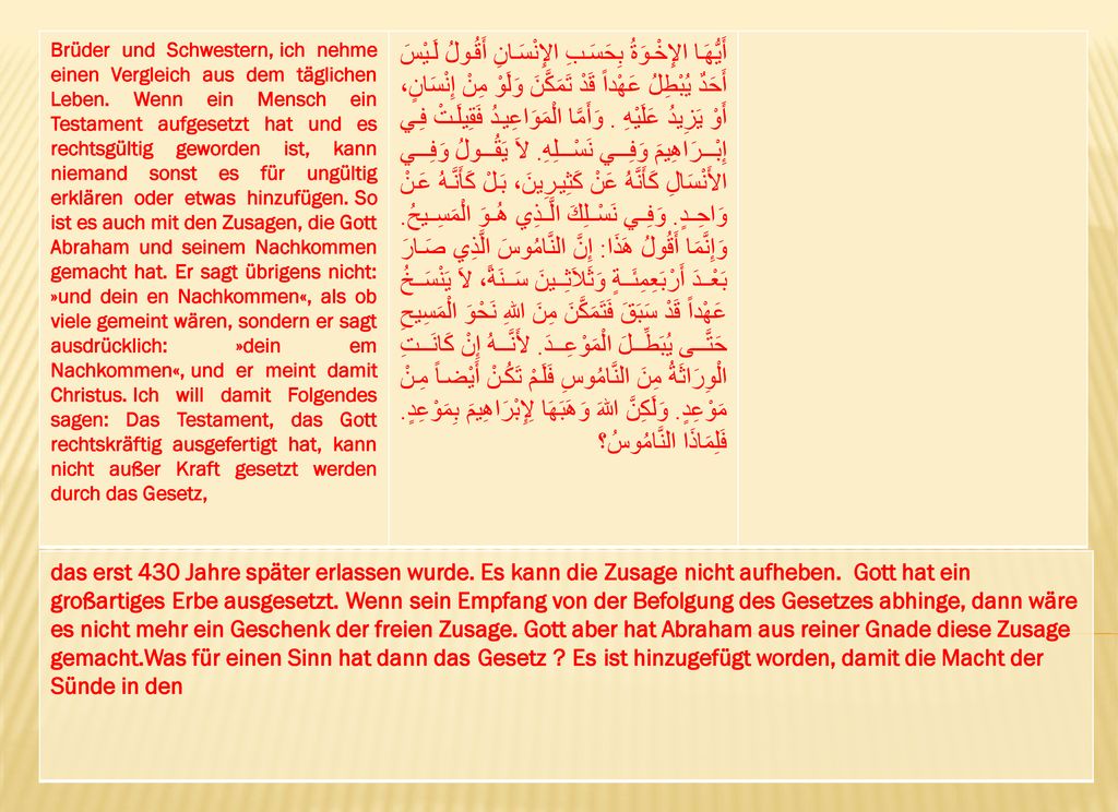 Brüder und Schwestern, ich nehme einen Vergleich aus dem täglichen Leben. Wenn ein Mensch ein Testament aufgesetzt hat und es rechtsgültig geworden ist, kann niemand sonst es für ungültig erklären oder etwas hinzufügen. So ist es auch mit den Zusagen, die Gott Abraham und seinem Nachkommen gemacht hat. Er sagt übrigens nicht: »und dein en Nachkommen«, als ob viele gemeint wären, sondern er sagt ausdrücklich: »dein em Nachkommen«, und er meint damit Christus. Ich will damit Folgendes sagen: Das Testament, das Gott rechtskräftig ausgefertigt hat, kann nicht außer Kraft gesetzt werden durch das Gesetz,