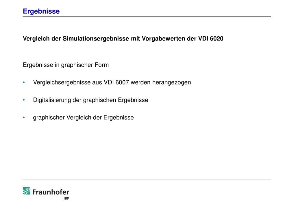 Ergebnisse Vergleich der Simulationsergebnisse mit Vorgabewerten der VDI Ergebnisse in graphischer Form.