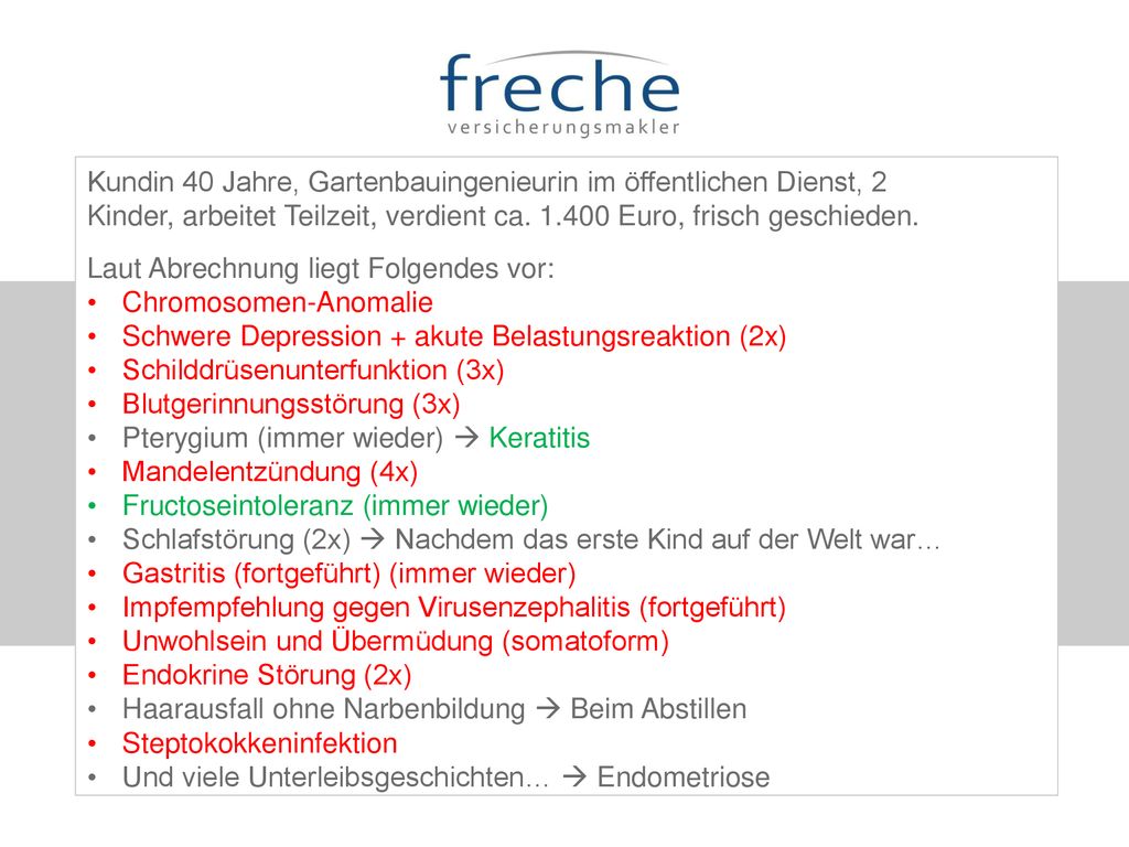 Kundin 40 Jahre, Gartenbauingenieurin im öffentlichen Dienst, 2 Kinder, arbeitet Teilzeit, verdient ca Euro, frisch geschieden.