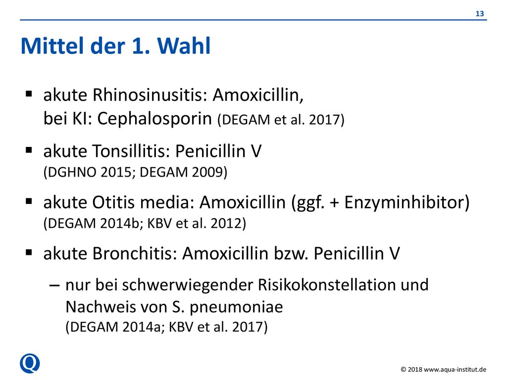 Mittel der 1. Wahl akute Rhinosinusitis: Amoxicillin, bei KI: Cephalosporin (DEGAM et al. 2017)