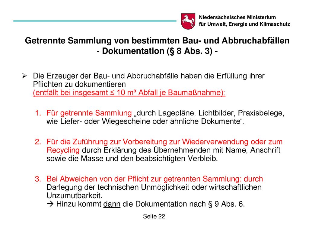 Getrennte Sammlung von bestimmten Bau- und Abbruchabfällen - Dokumentation (§ 8 Abs. 3) -