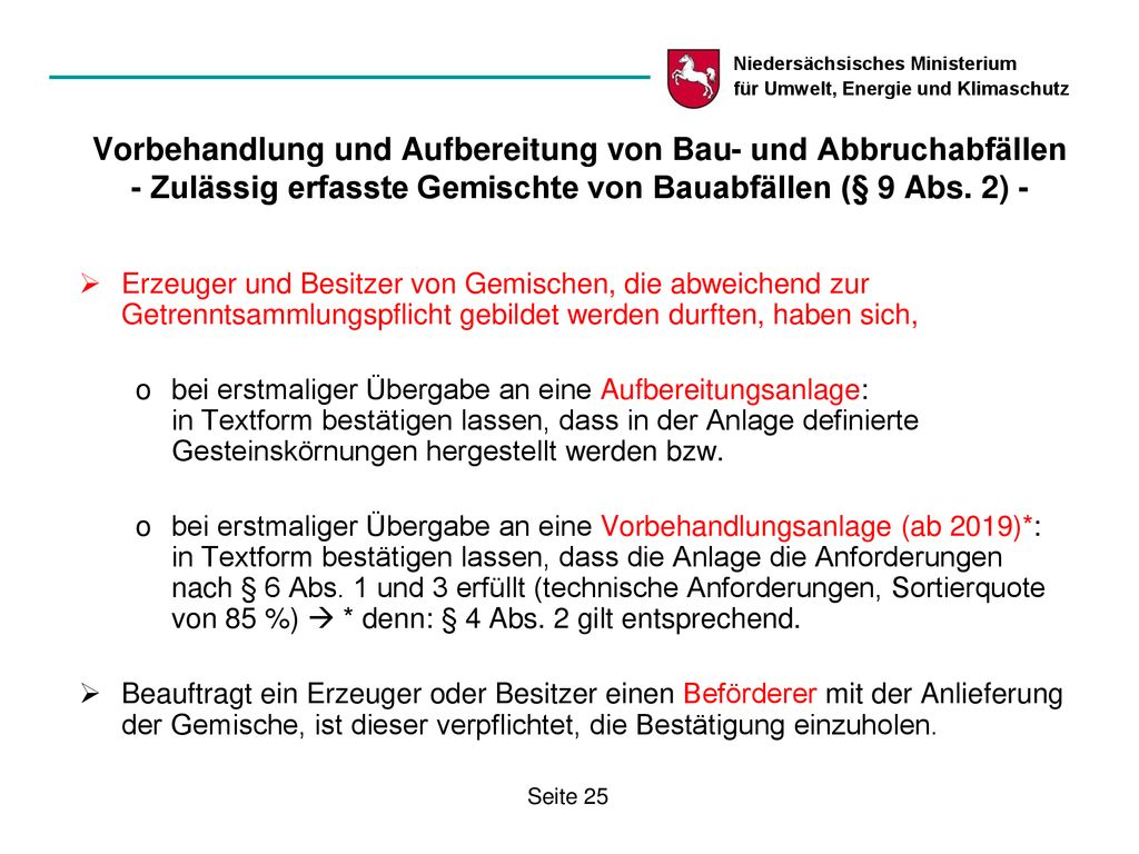 Vorbehandlung und Aufbereitung von Bau- und Abbruchabfällen - Zulässig erfasste Gemischte von Bauabfällen (§ 9 Abs. 2) -