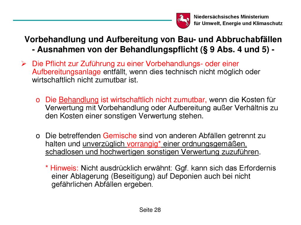 Vorbehandlung und Aufbereitung von Bau- und Abbruchabfällen - Ausnahmen von der Behandlungspflicht (§ 9 Abs. 4 und 5) -