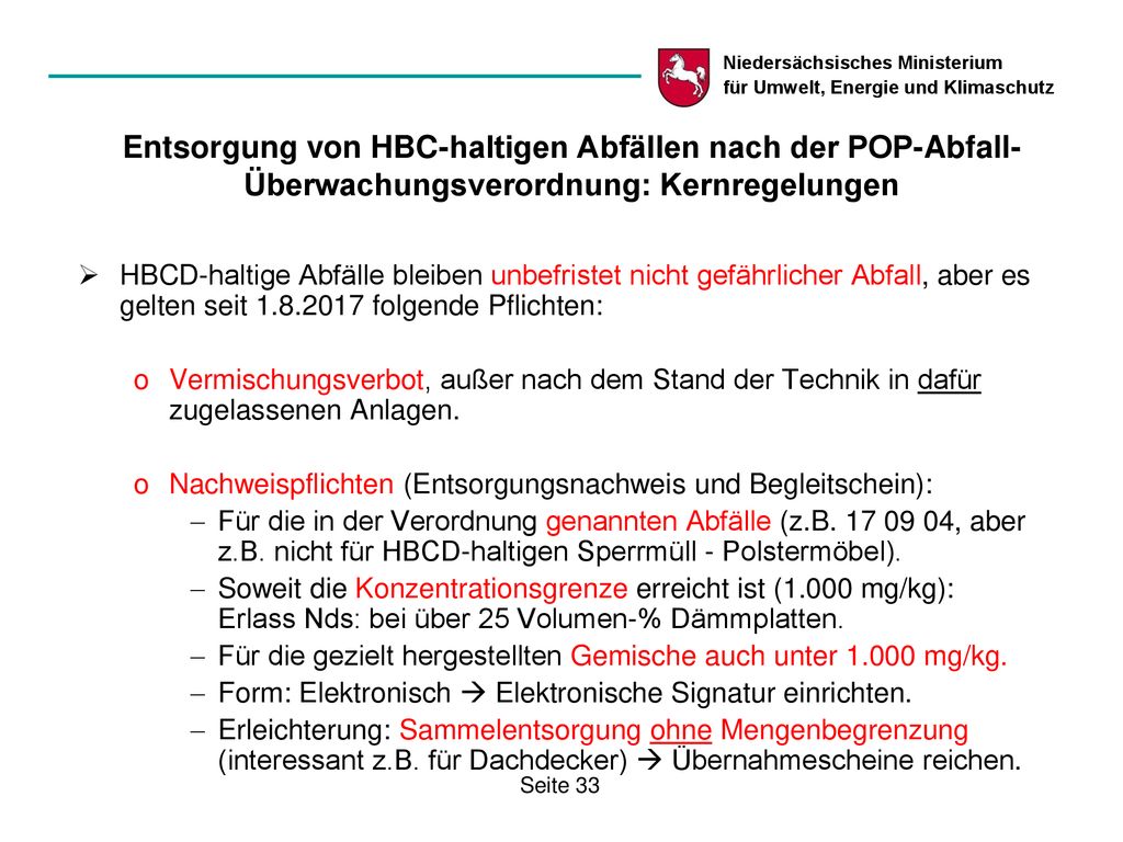 Entsorgung von HBC-haltigen Abfällen nach der POP-Abfall-Überwachungsverordnung: Kernregelungen