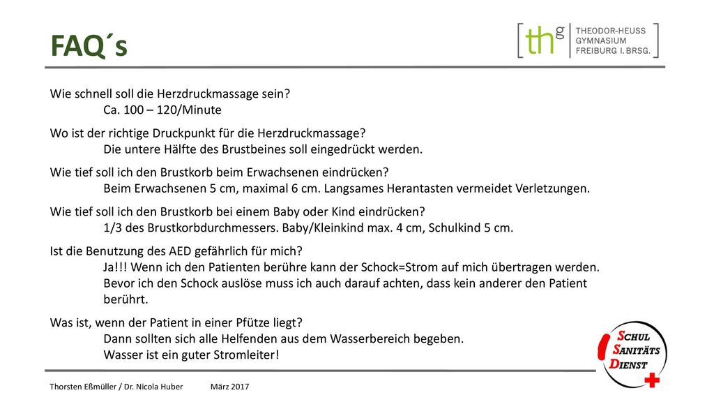 FAQ´s Wie schnell soll die Herzdruckmassage sein Ca. 100 – 120/Minute