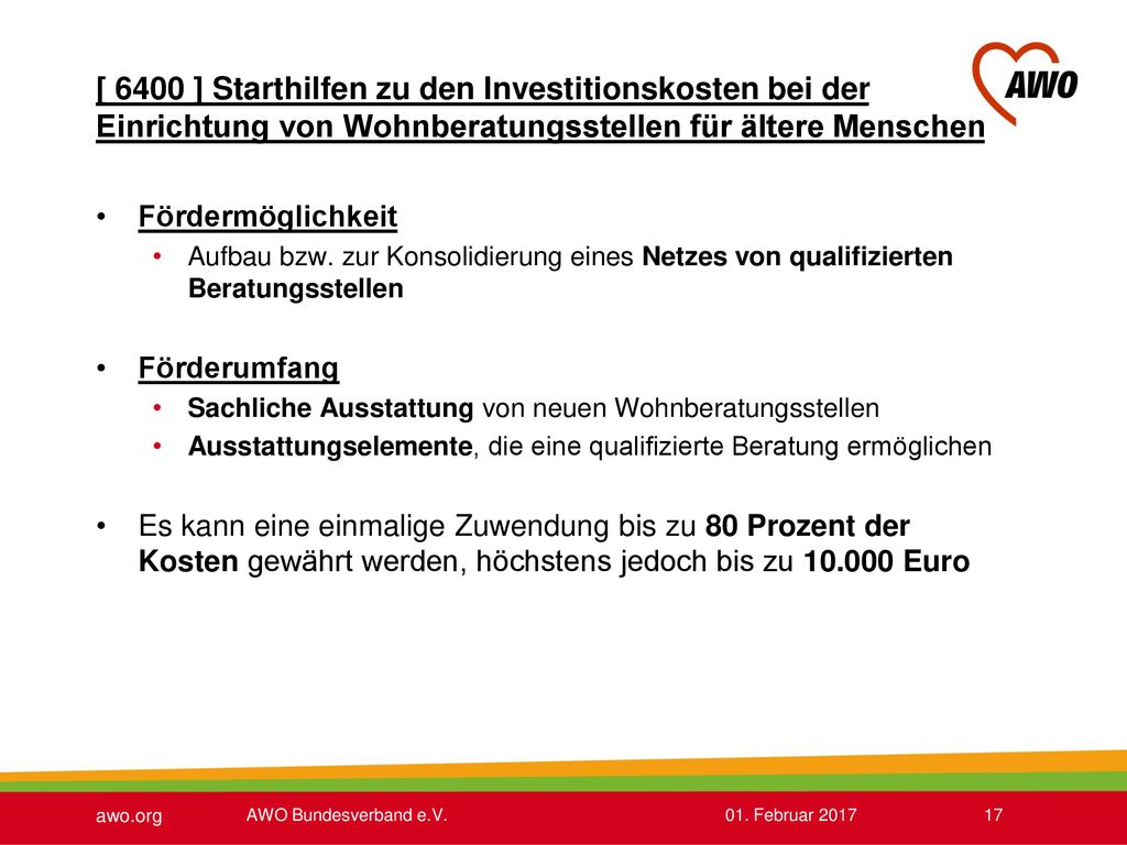 [ 6400 ] Starthilfen zu den Investitionskosten bei der Einrichtung von Wohnberatungsstellen für ältere Menschen