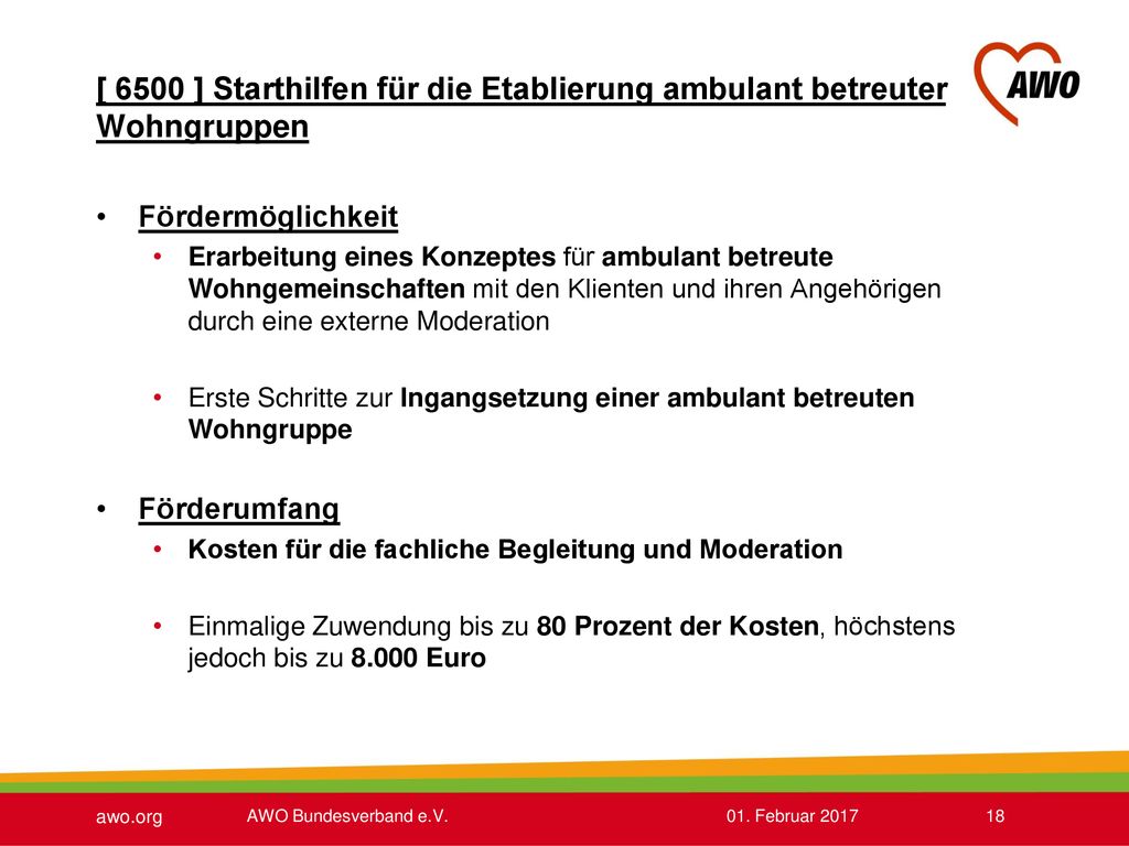 [ 6500 ] Starthilfen für die Etablierung ambulant betreuter Wohngruppen