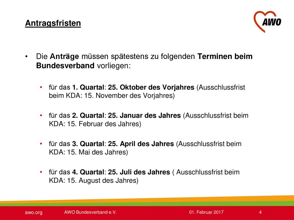 Antragsfristen Die Anträge müssen spätestens zu folgenden Terminen beim Bundesverband vorliegen: