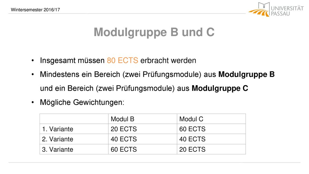 Modulgruppe B und C Insgesamt müssen 80 ECTS erbracht werden