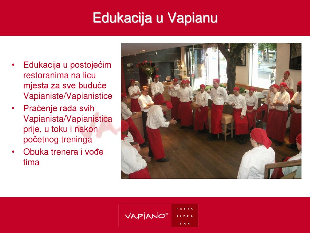 Edukacija u Vapianu Edukacija u postojećim restoranima na licu mjesta za sve buduće Vapianiste/Vapianistice.