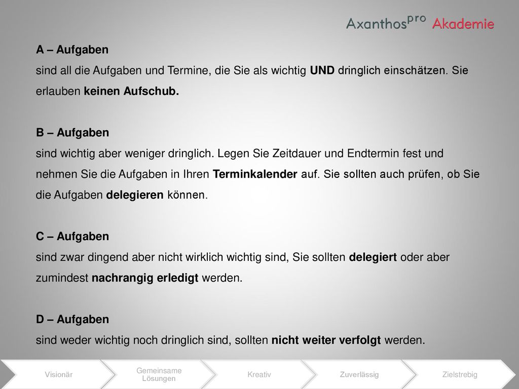 A – Aufgaben sind all die Aufgaben und Termine, die Sie als wichtig UND dringlich einschätzen. Sie erlauben keinen Aufschub.