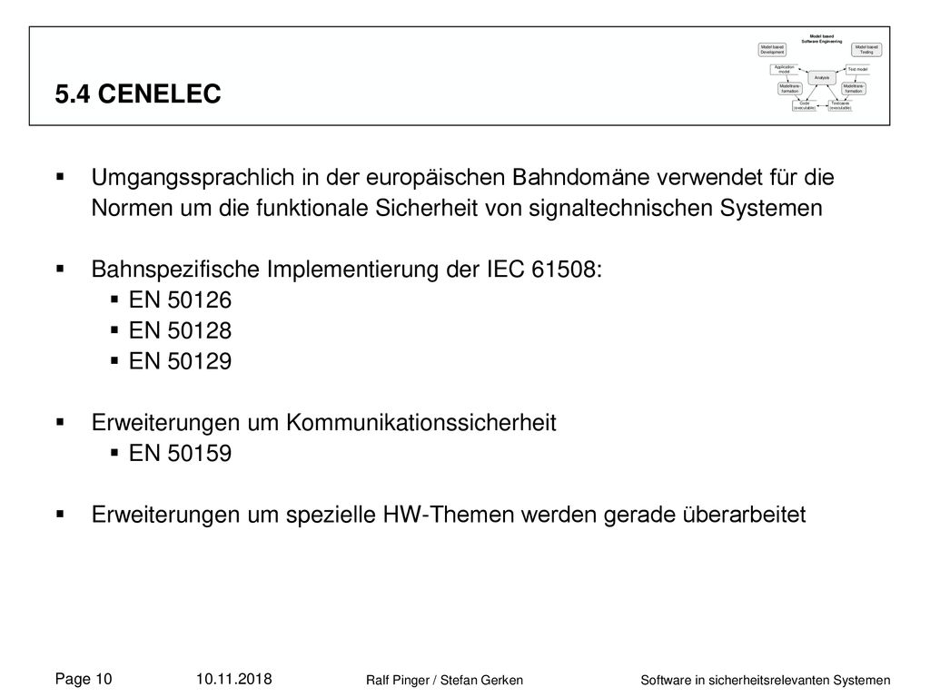 5.4 CENELEC Umgangssprachlich in der europäischen Bahndomäne verwendet für die Normen um die funktionale Sicherheit von signaltechnischen Systemen.