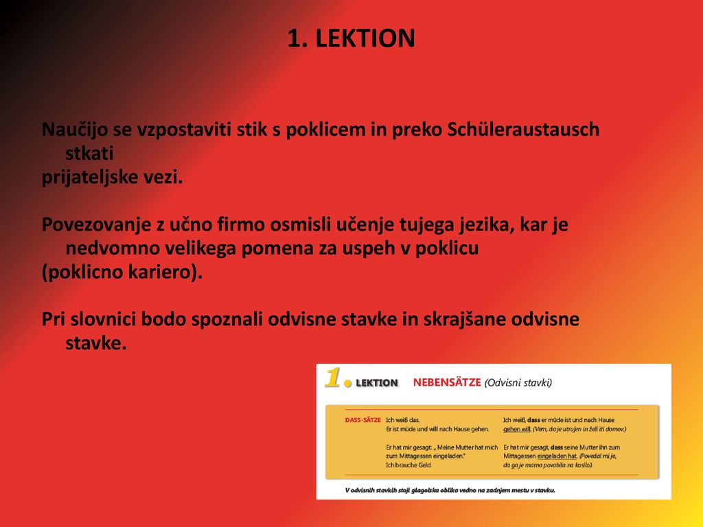 1. LEKTION Naučijo se vzpostaviti stik s poklicem in preko Schüleraustausch stkati. prijateljske vezi.