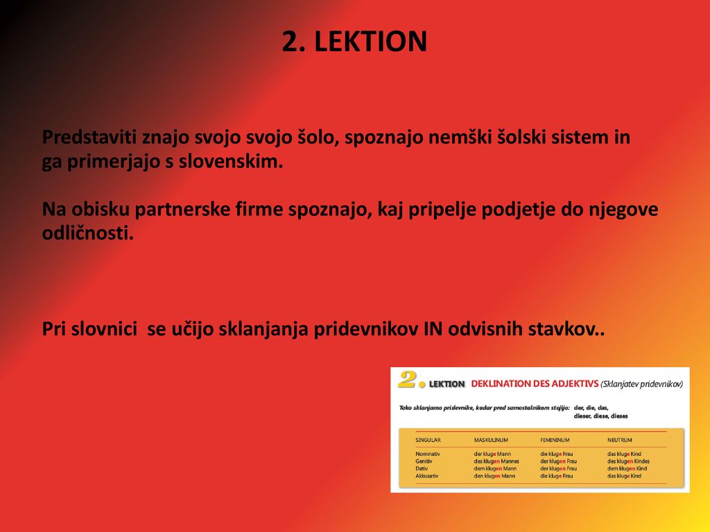 2. LEKTION Predstaviti znajo svojo svojo šolo, spoznajo nemški šolski sistem in. ga primerjajo s slovenskim.