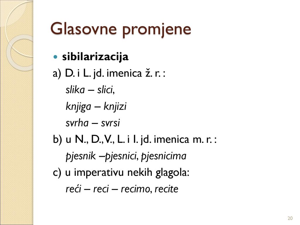 Glasovne promjene sibilarizacija a) D. i L. jd. imenica ž. r. :