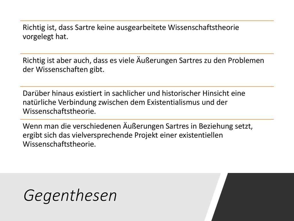 Richtig ist, dass Sartre keine ausgearbeitete Wissenschaftstheorie vorgelegt hat.