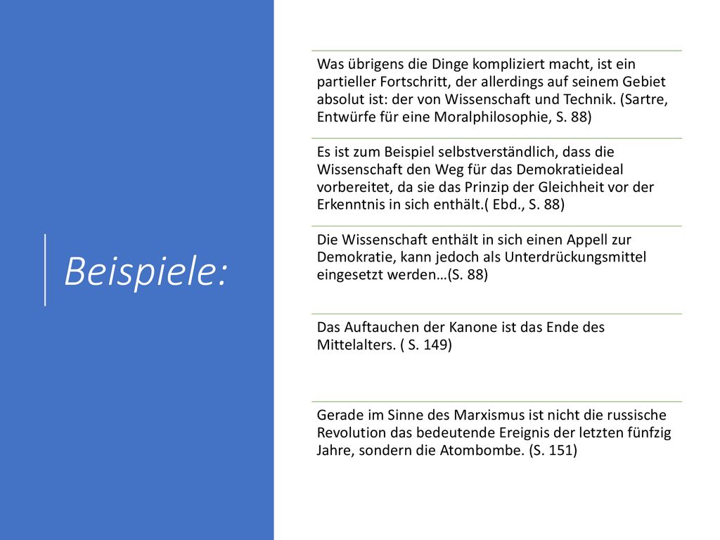 Was übrigens die Dinge kompliziert macht, ist ein partieller Fortschritt, der allerdings auf seinem Gebiet absolut ist: der von Wissenschaft und Technik. (Sartre, Entwürfe für eine Moralphilosophie, S. 88)