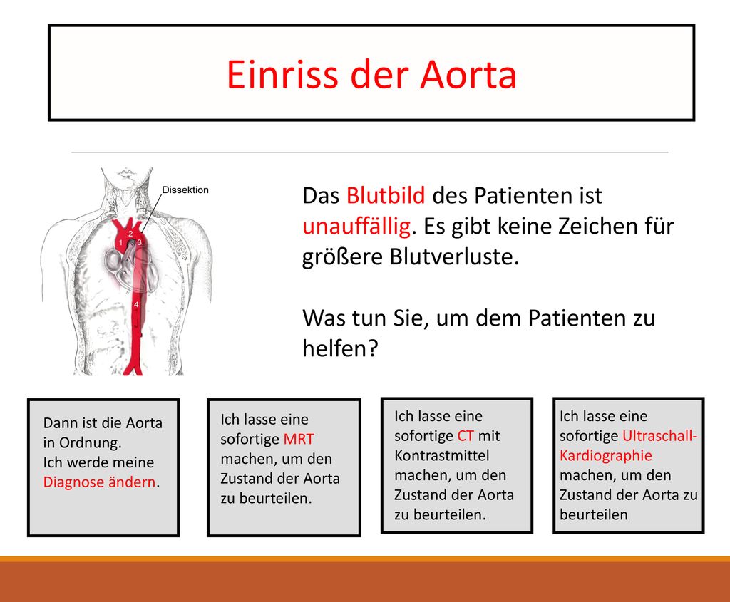Einriss der Aorta Das Blutbild des Patienten ist unauffällig. Es gibt keine Zeichen für größere Blutverluste.