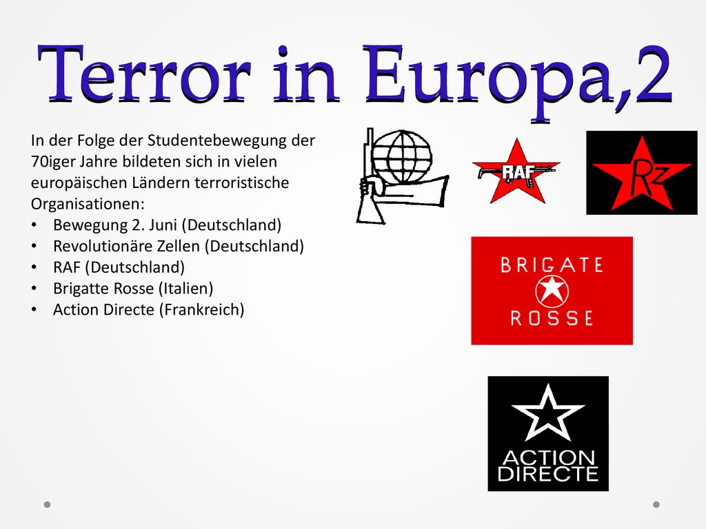 Terror in Europa,2 In der Folge der Studentebewegung der 70iger Jahre bildeten sich in vielen europäischen Ländern terroristische.