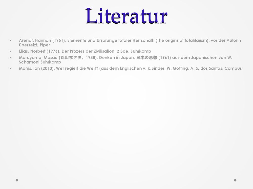 Literatur Arendt, Hannah (1951), Elemente und Ursprünge totaler Herrschaft, (The origins of totalitarism), vor der Autorin übersetzt, Piper.