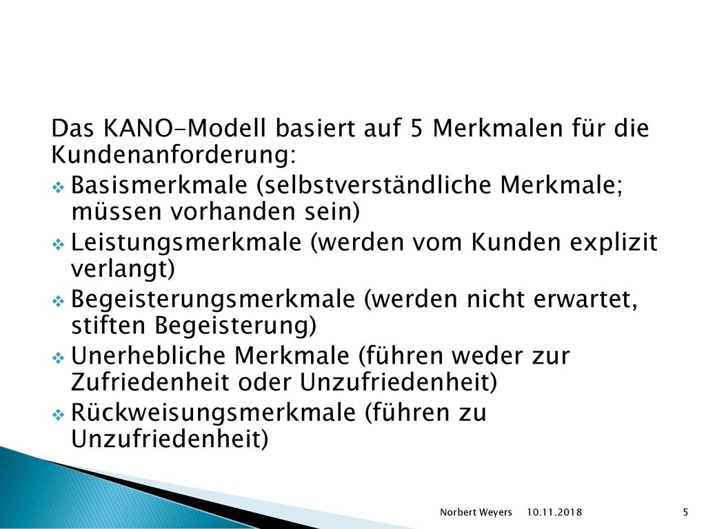 Das KANO-Modell basiert auf 5 Merkmalen für die Kundenanforderung: