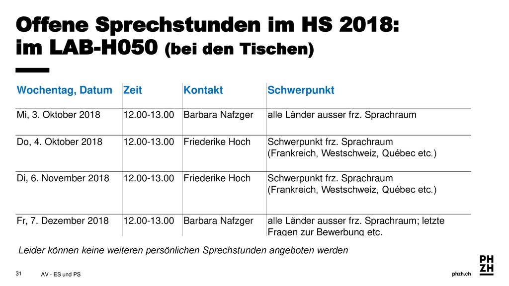 Offene Sprechstunden im HS 2018: im LAB-H050 (bei den Tischen)