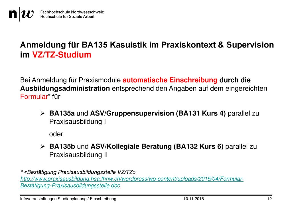 Anmeldung für BA135 Kasuistik im Praxiskontext & Supervision im VZ/TZ-Studium