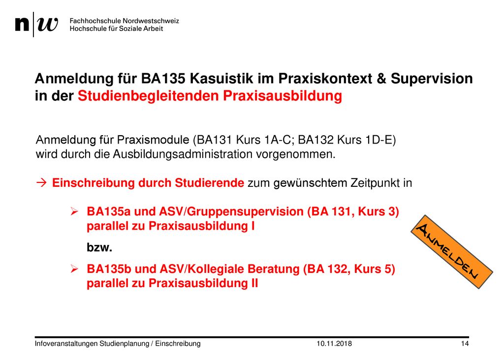 Anmeldung für BA135 Kasuistik im Praxiskontext & Supervision in der Studienbegleitenden Praxisausbildung