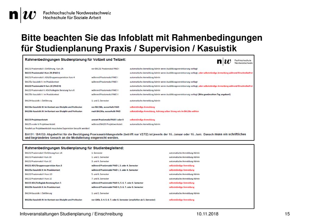 Bitte beachten Sie das Infoblatt mit Rahmenbedingungen für Studienplanung Praxis / Supervision / Kasuistik